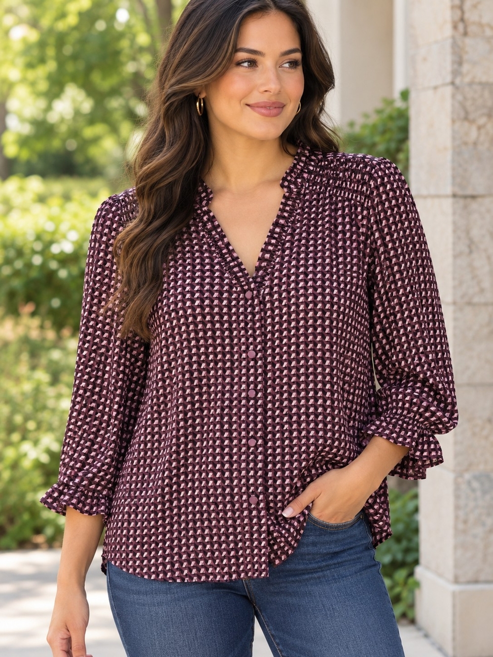 CeCe Burgundy Patterned V-Neck Button Front Blouse